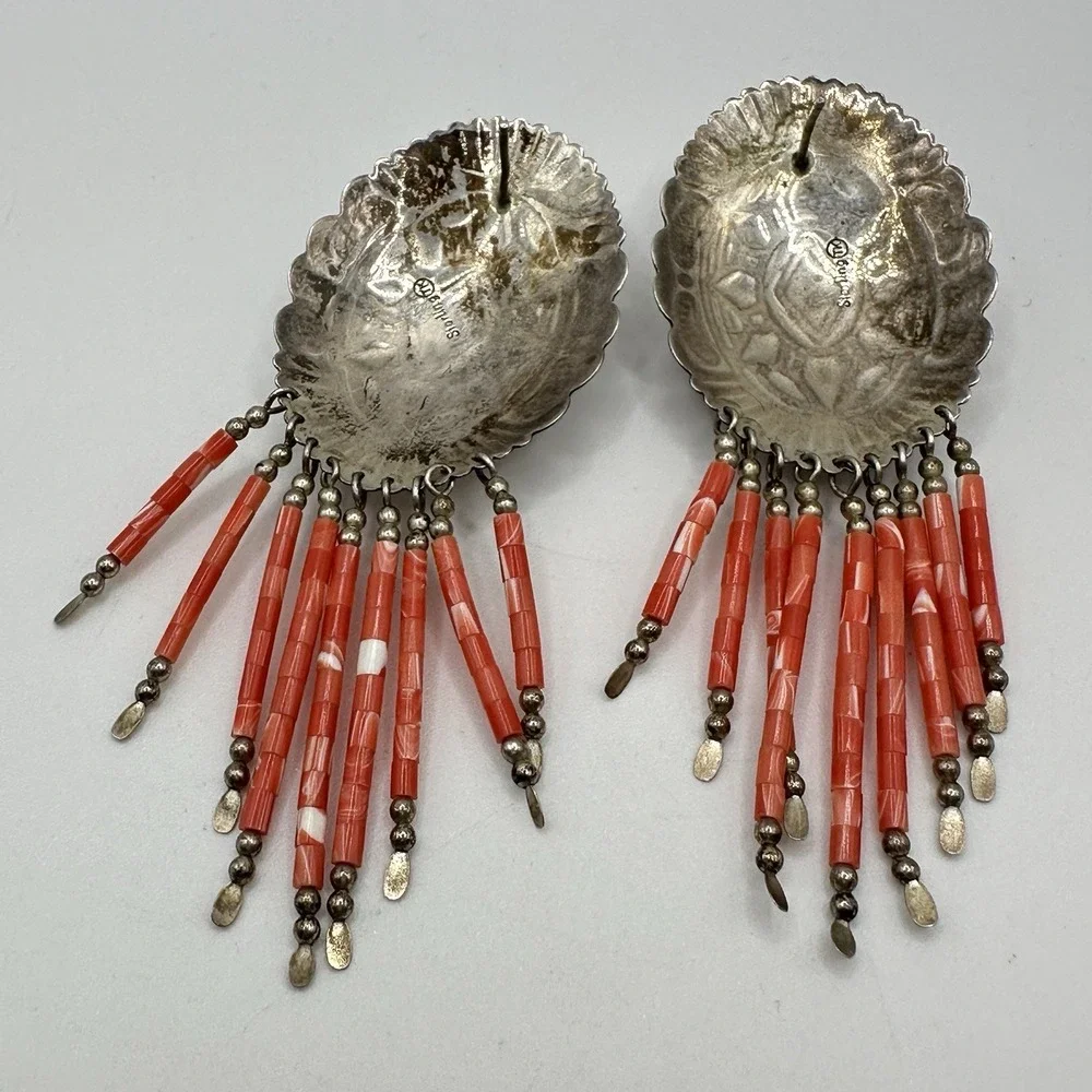 Navajo Sterling Silver Coral Dangle Earrings TK Emerson Southwestern Pierced 3